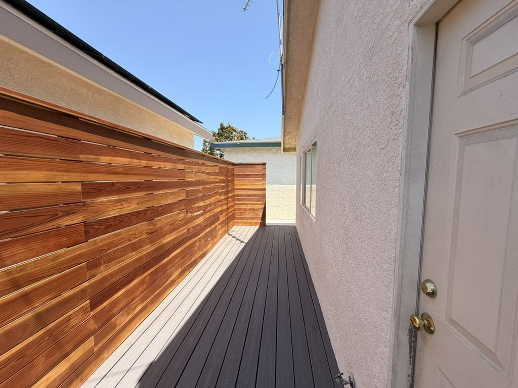 Redwood screen from the ADU door, built
