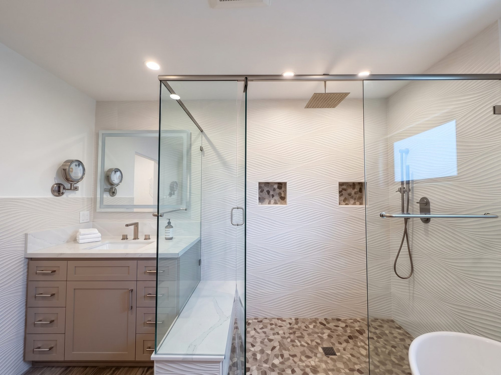 Primary bath with glass shower and freestanding tub, Hotta Residence