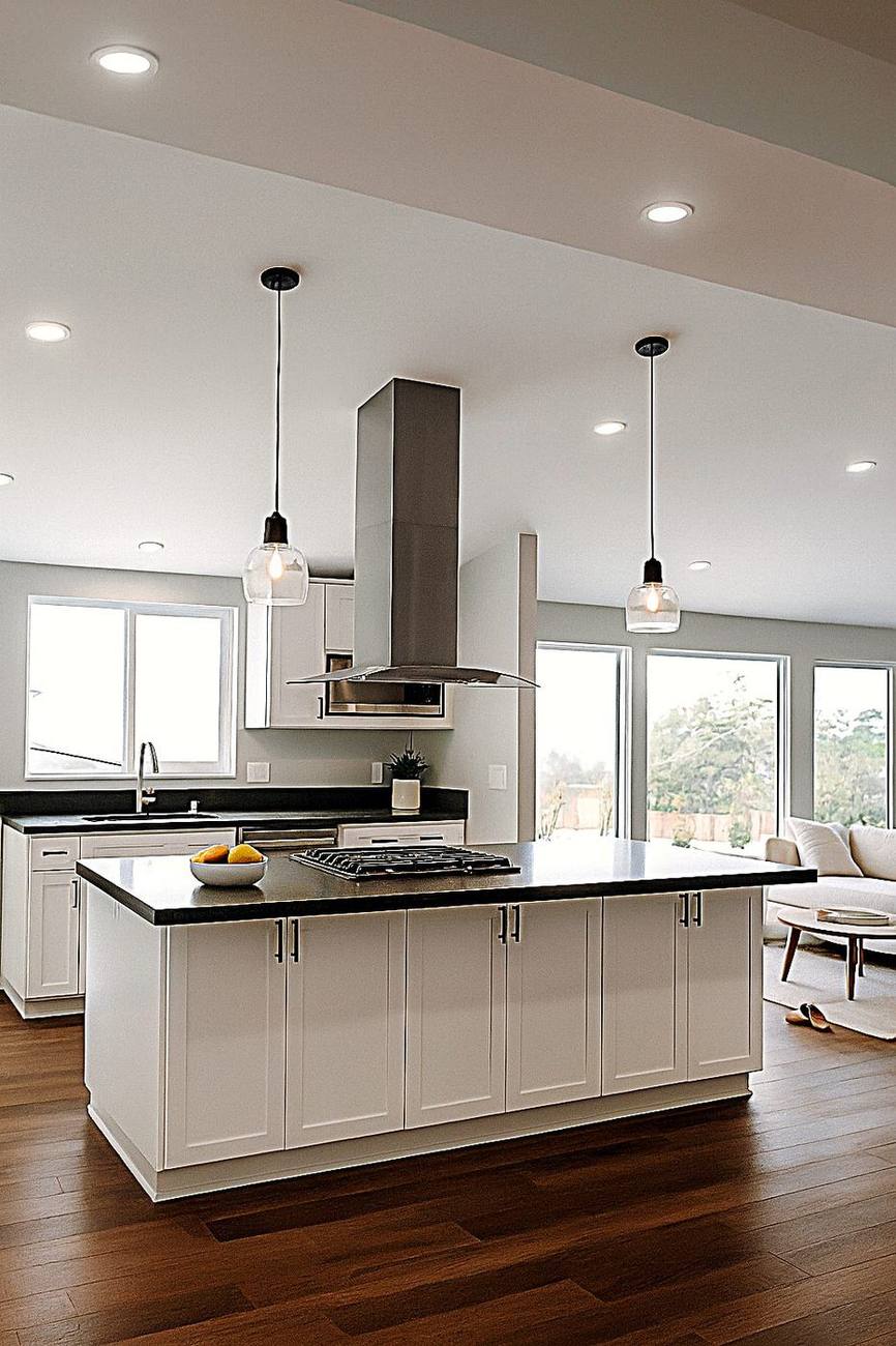 White kitchen with pendant lights