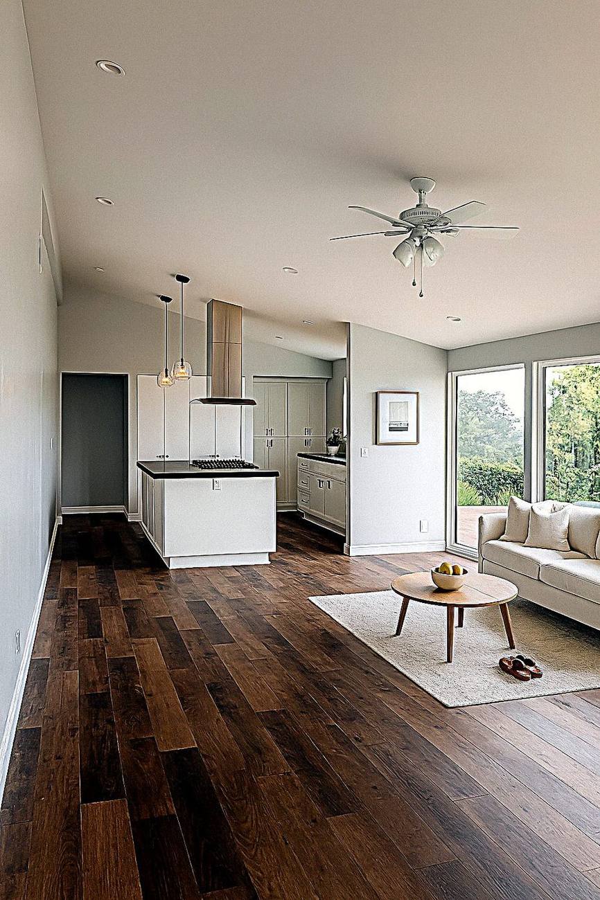 Open plan living room with wood floors